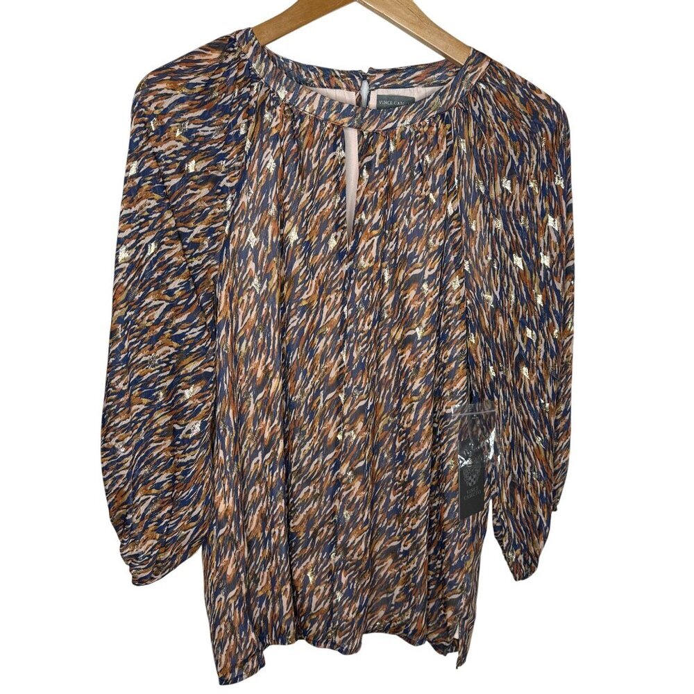 Vince Camuto Tunic Top Size Medium Blue Gold Mood Indigo Classic Shirt Blouse
